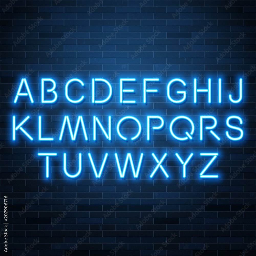 Neon blue vector alphabet, set of realistic fluorescent glowing letters