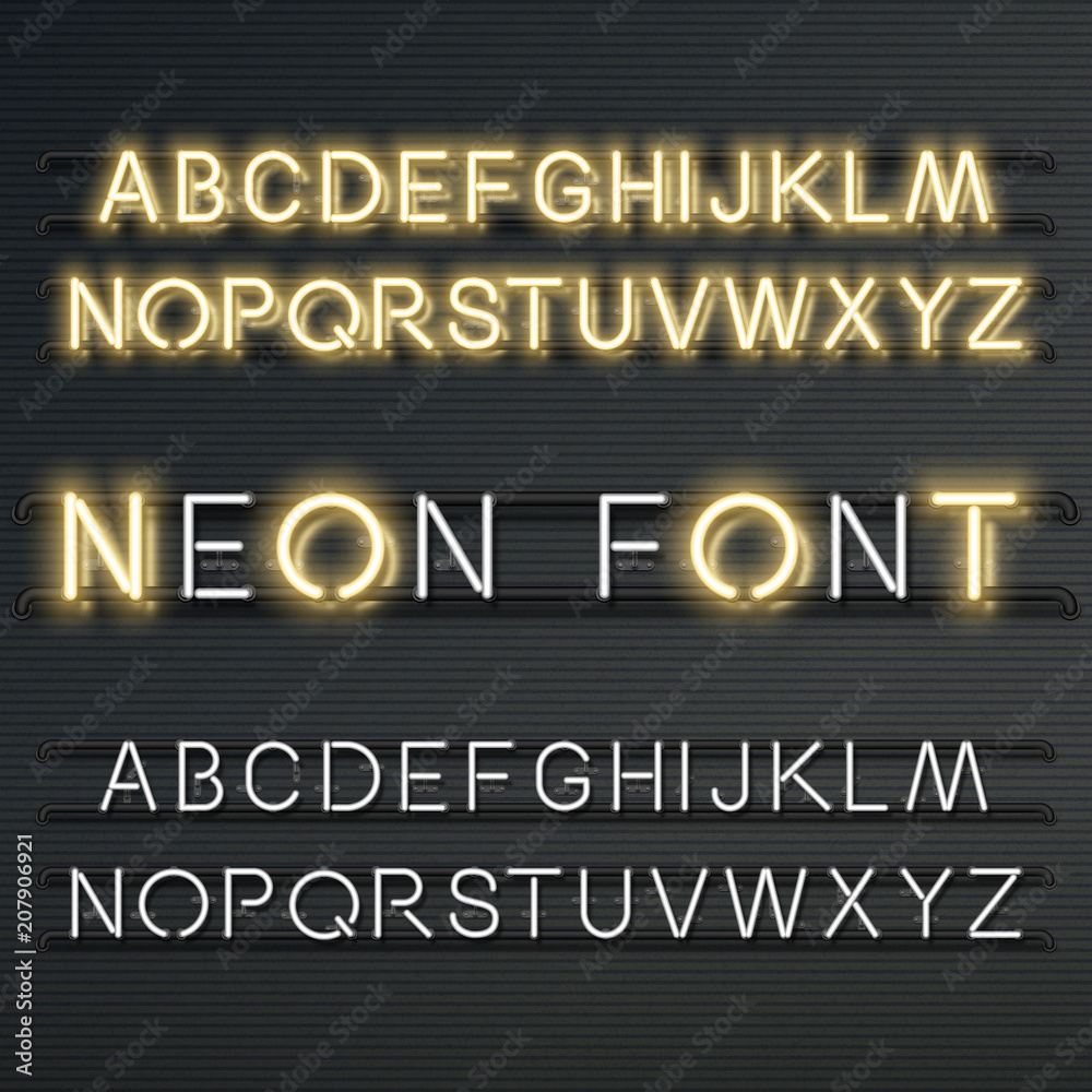 Neon vector alphabet, set of realistic fluorescent glowing letters