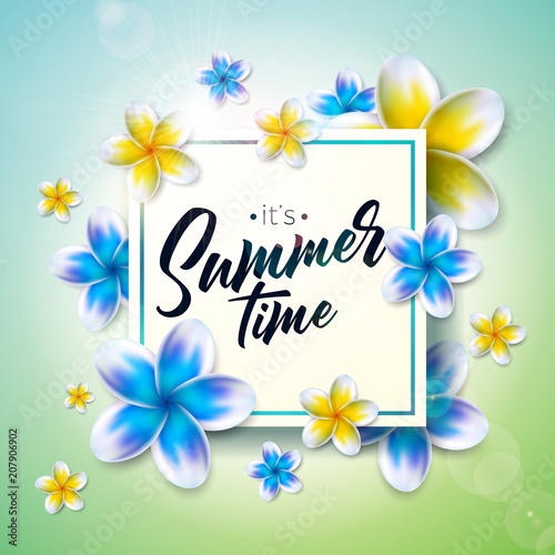 Its Summer Time illustration with flower on nature green background. Tropical Holiday typographic design template for banner, flyer, invitation, brochure, poster or greeting card.