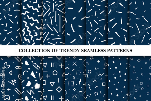 Collection of memphis seamless vector patterns. Fashion design 80-90s.