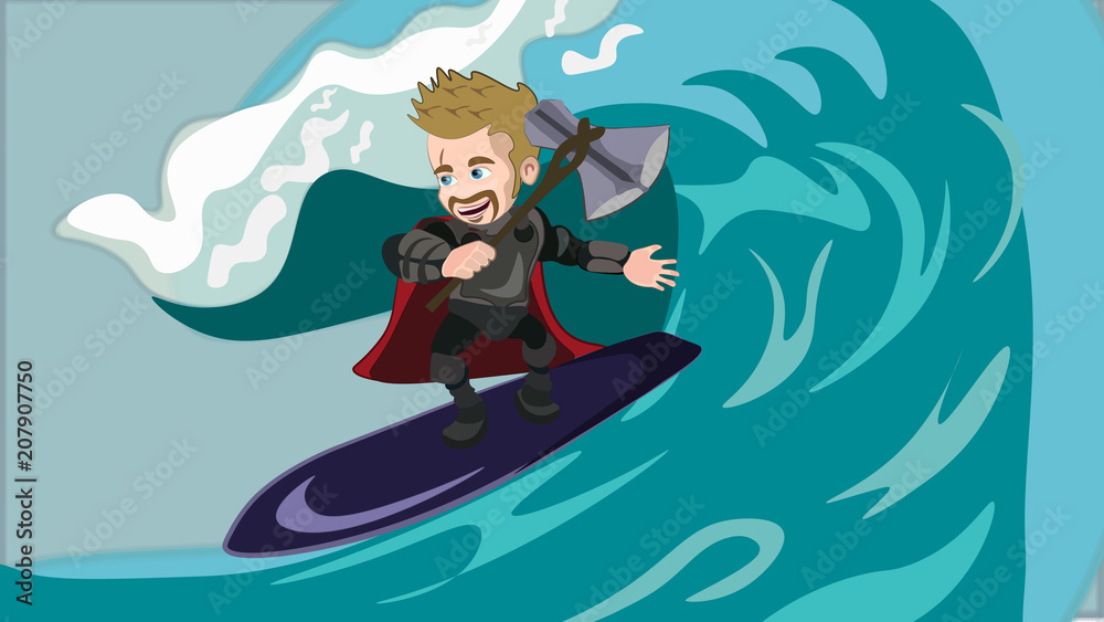 Superhero viking with magic axe sliding on sea wave Superhero viking with magic axe sliding on sea wave