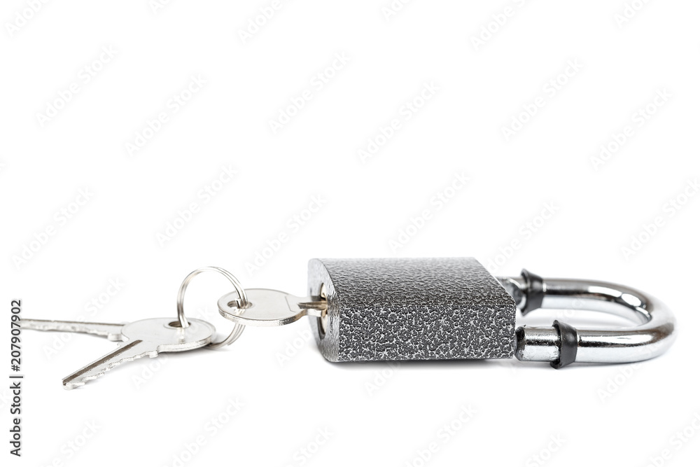 Padlock and keys isolated on white background