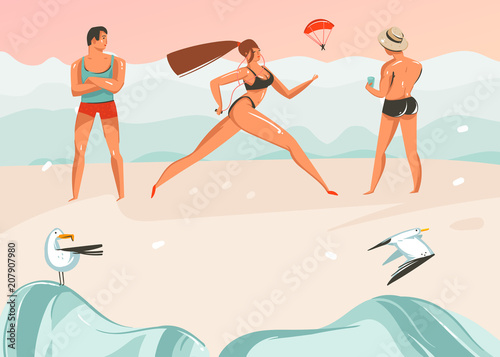 Hand drawn vector abstract cartoon summer time graphic illustrations art template background with ocean beach landscape,pink sunset,boys and running girl on beach scene