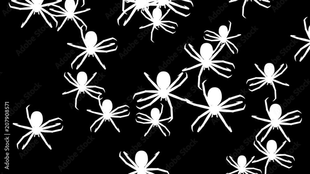 Invasion of hordes of spiders. Alpha matte mask. Crowd of creepy arthropods runs on a black background, white silhouettes fill the screen and turn into a white backdrop, 3D animation. Invasion of hordes of spiders. Alpha matte mask. Crowd of creepy arthropods runs on a black background, white silhouettes fill the screen and turn into a white backdrop, 3D animation.
