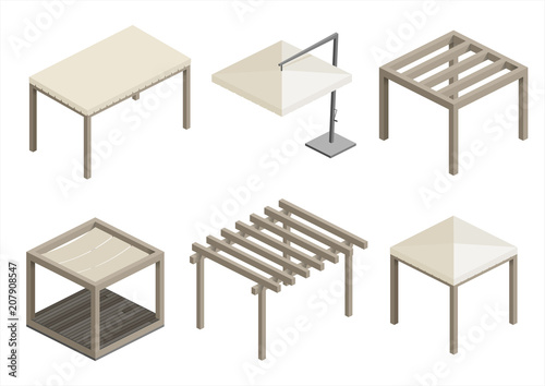 Set of modern beach pavilions, gazebos and umbrellas for terraces and spas. Vector graphics
