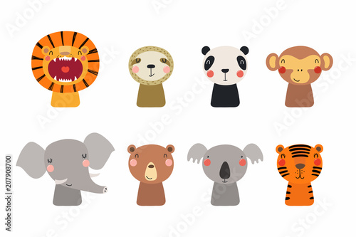 Set of cute funny little animals bear, koala, panda, lion, sloth, monkey, elephant, tiger. Isolated objects on white. Vector illustration. Scandinavian style flat design. Concept for children print