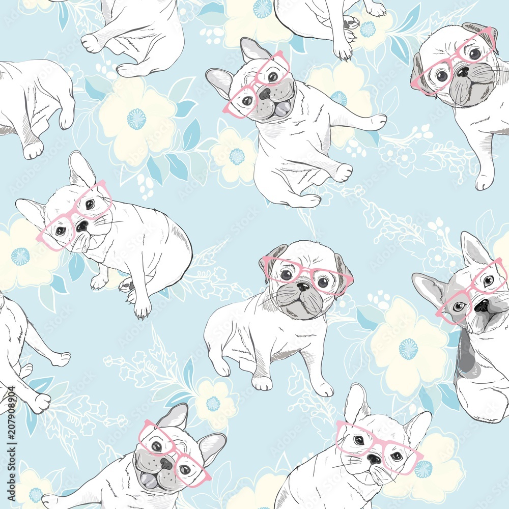 Vector seamless pattern with cute cartoon dog puppies. Can be used as a background, wallpaper, fabric and for other design.French Bulldog pattern Vector seamless pattern with cute cartoon dog puppies. Can be used as a background, wallpaper, fabric and for other design.French Bulldog pattern