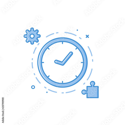 Vector business illustration of blue colors clock, engineering and a mosaic in filled line style. Graphic design concept of product management. Use in Web Project and app. Outline object