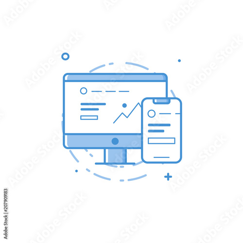 Vector business illustration of blue colors desktop computer and mobile smart phone in filed line style. Graphic design concept of responsive design. Use in Web Project and app. Outline object
