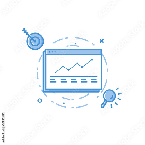 Vector business illustration of blue colors web page statistics, analytics search with target and arrow in filed line style. Graphic design concept of seo search targeting. Use in Web Project and app.