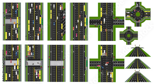 Road Infographic. Set of Sites of roads, highways, streets. Cars public transport. Top view of the highway. Circular motion, intersections. illustration