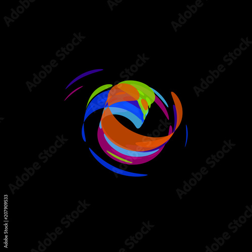 Abstract logotype, movement abstract shape, circular logo, brush icon, vector illustration on black background.