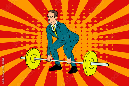 A businessman is lifting a barbell. pop art style.