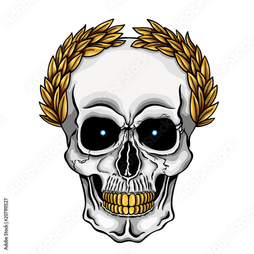 Vector illustration of human skull with golden laurel crown and golden teeth.