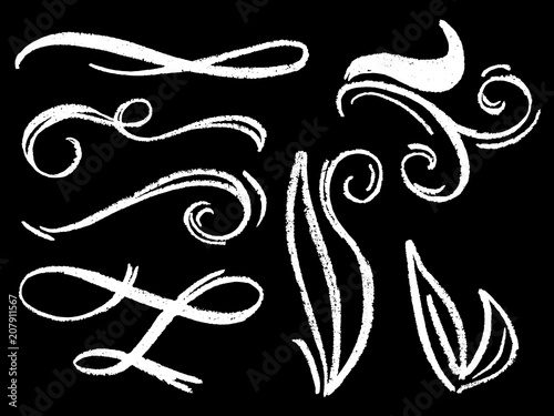 White chalk flourish decor vector illustration. Textured flourishing dividers or borders. Chalkboard lettering flourish.