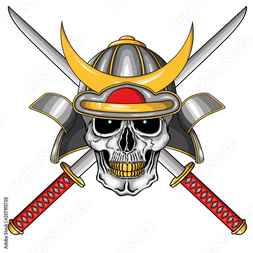 Vector illustration oh human skull with japanese medieval samurai helmet and two katanas (swords)