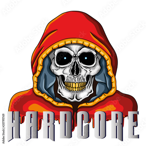 Vector illustration of human skull with golden teeth and red hood and word "Hardcore"