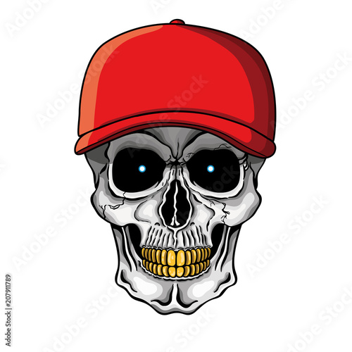 Vector illustration of human skull with golden teeth and baseball cap