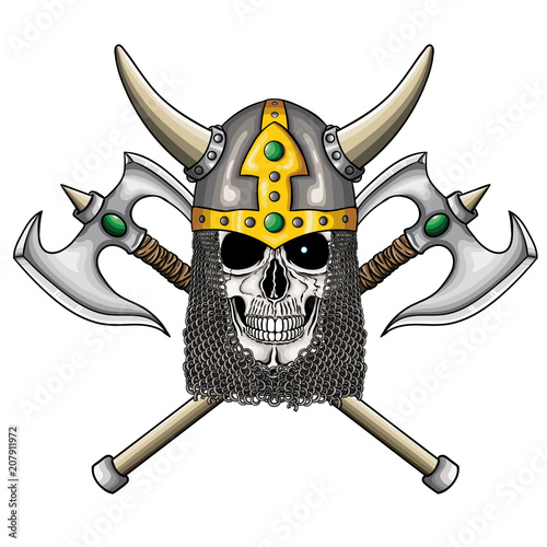 Vector illustration of warrior undead skull  with fantastic medieval helmet and two axes