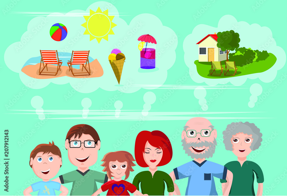 Naklejka premium Illustration Familie mit Wünschen für den Urlaub