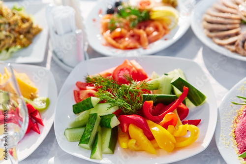 Table with food and drinks in a restaurant