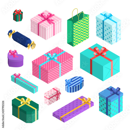 Vector isometric gift boxes set with ribbons and bows in wrapping paper. Presents packaged in wrapping textured paper with stripes, stars and hearts