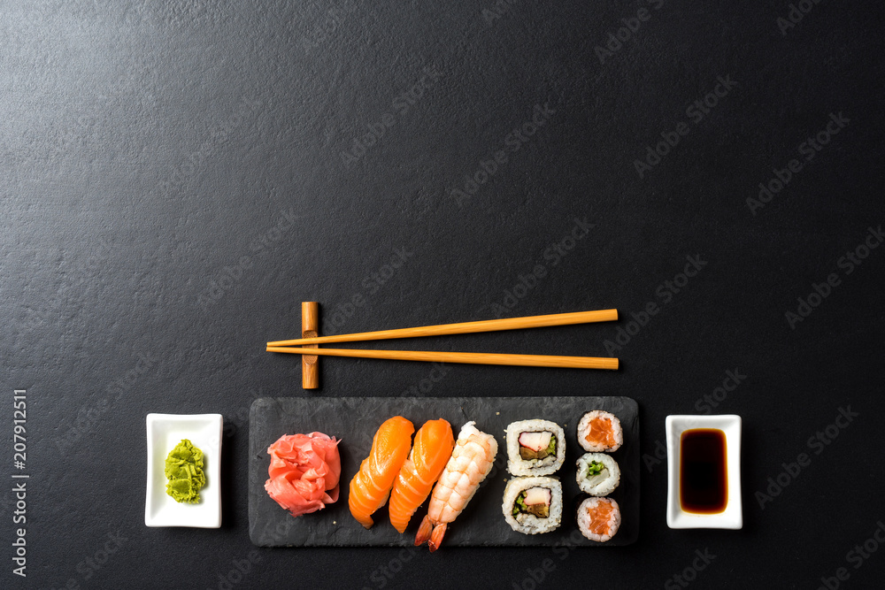 Set of Japanese sushi. Copy space