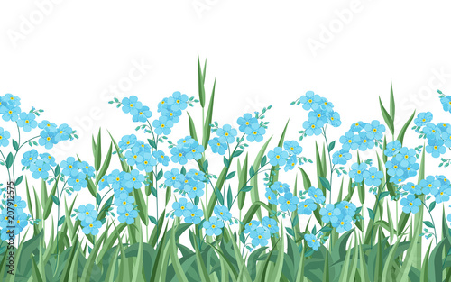 Blue forget-me-nots and grass. Seamless horizontal pattern on white isolated background.