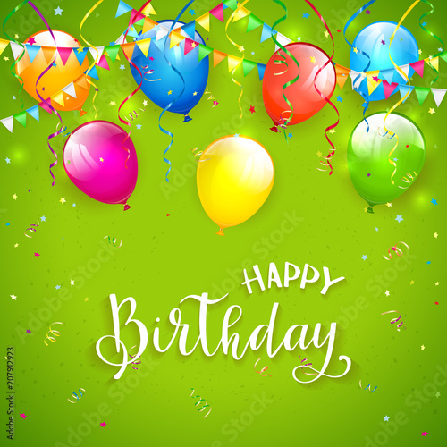 Canvas Print Green Birthday background with pennants and balloons