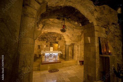 Nazareth, Israel - May 6, 2018 : Grotto of the Virgin Mary in the Basilica of the Annunciation in Nazareth, Israel