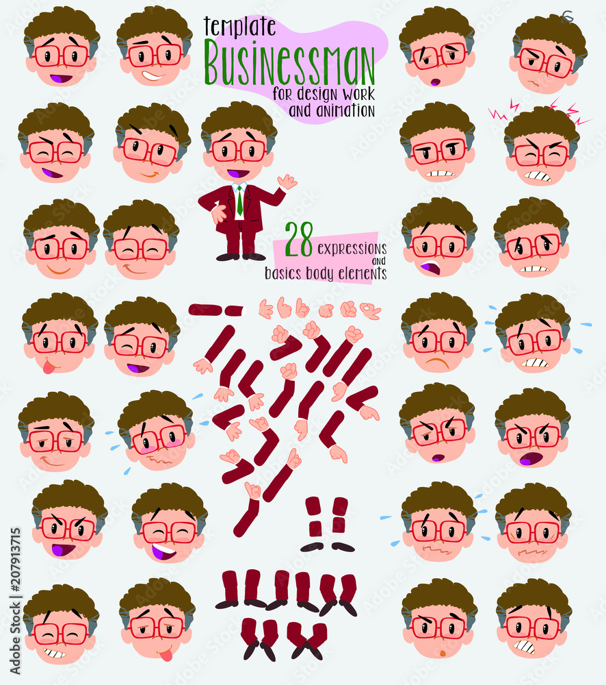 Businessman with glasses. Twenty eight expressions and basics body elements, template for design work and animation. Vector illustration to Isolated and funny cartoon character. Businessman with glasses. Twenty eight expressions and basics body elements, template for design work and animation. Vector illustration to Isolated and funny cartoon character.