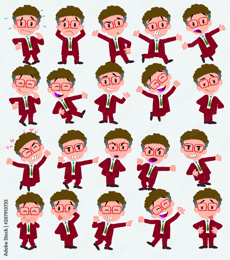 Cartoon character businessman with glasses. Set with different postures, attitudes and poses, always in negative attitude, doing different activities in vector vector illustrations.