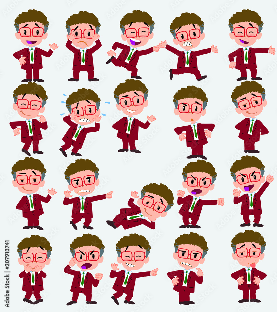 Cartoon character businessman with glasses. Set with different postures, attitudes and poses, always in negative attitude, doing different activities in vector vector illustrations. Cartoon character businessman with glasses. Set with different postures, attitudes and poses, always in negative attitude, doing different activities in vector vector illustrations.
