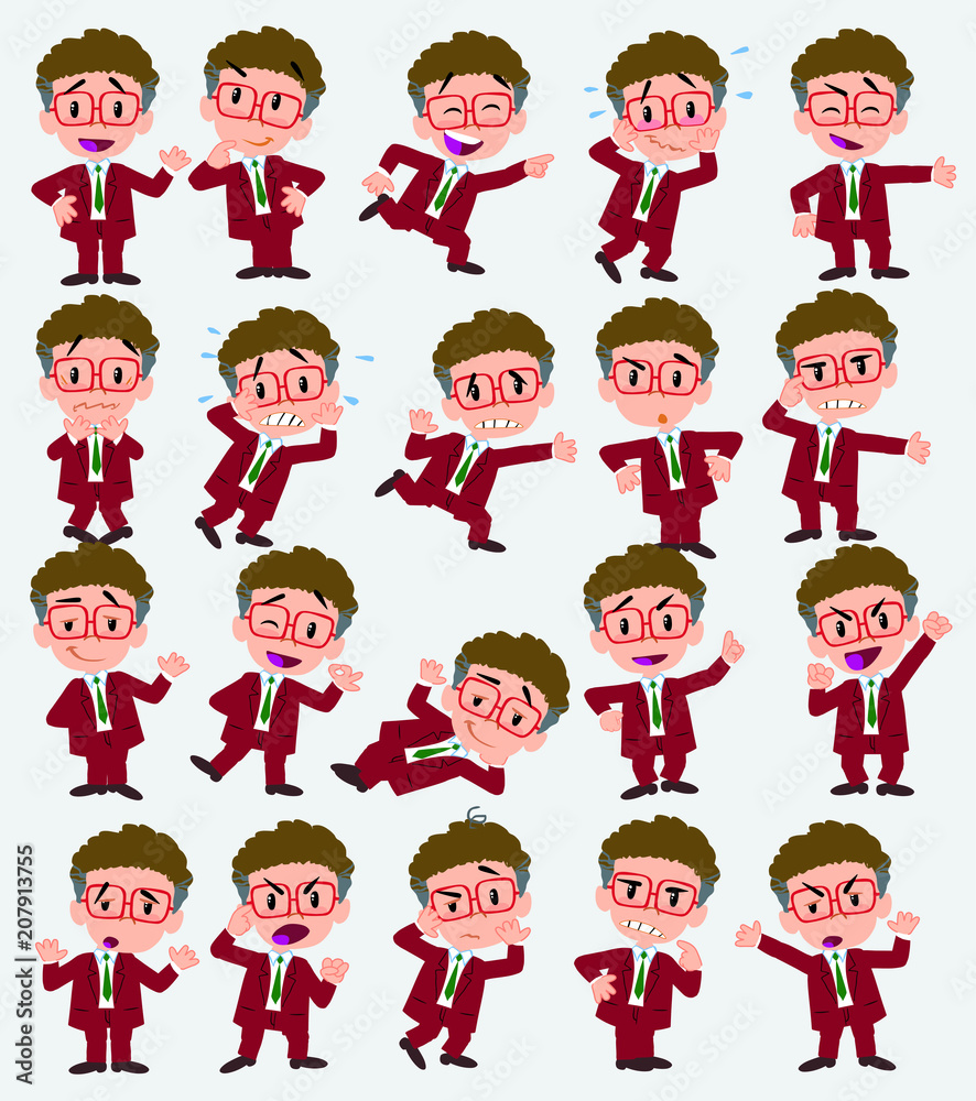 Cartoon character businessman with glasses. Set with different postures, attitudes and poses, always in negative attitude, doing different activities in vector vector illustrations. Cartoon character businessman with glasses. Set with different postures, attitudes and poses, always in negative attitude, doing different activities in vector vector illustrations.