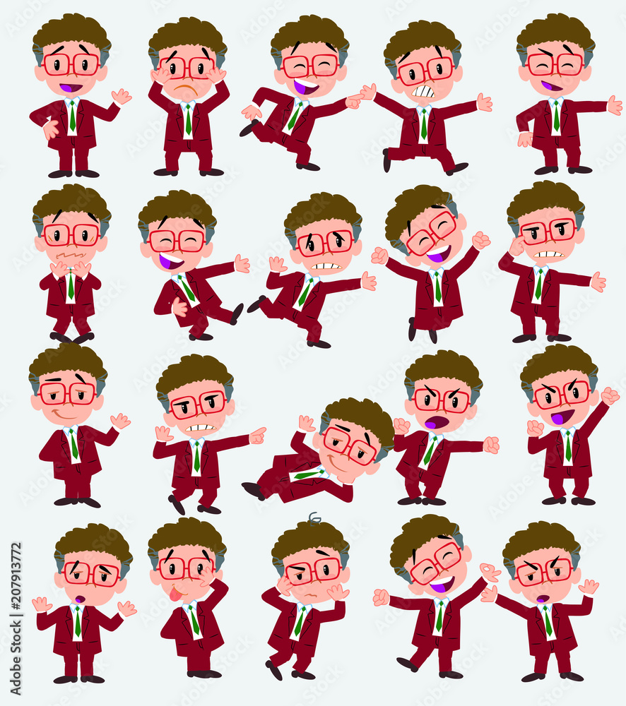 Cartoon character businessman with glasses. Set with different postures, attitudes and poses, always in negative attitude, doing different activities in vector vector illustrations. Cartoon character businessman with glasses. Set with different postures, attitudes and poses, always in negative attitude, doing different activities in vector vector illustrations.