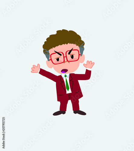 Businessman with glasses argues something with a gesture of discontent.