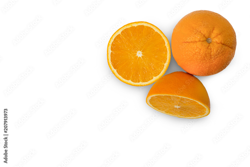 Orange fruit. Half and whole orange isolated on white background ,top view with clipping path. Orange fruit. Half and whole orange isolated on white background ,top view with clipping path.