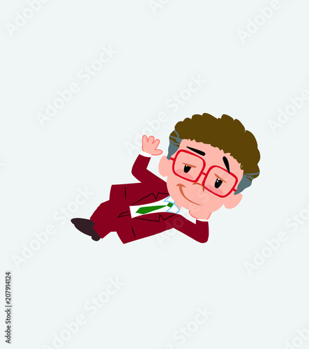 Businessman with glasses lying, greets with a dreamy expression.