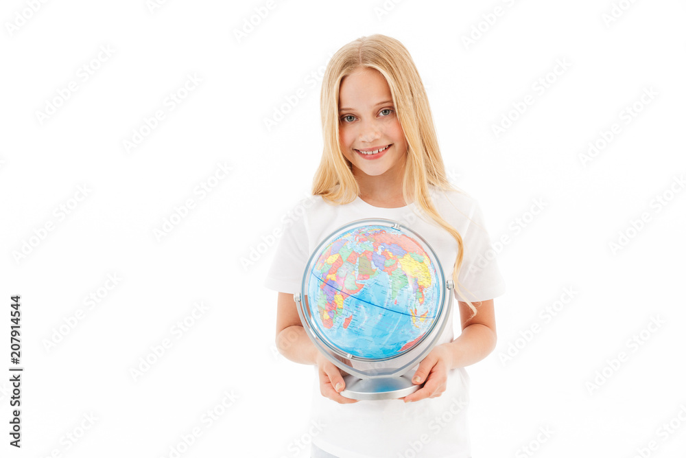 Smiling young blonde girl in casual clothes holding globe Smiling young blonde girl in casual clothes holding globe