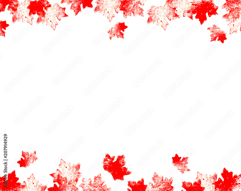 Graphic hand drawn printed red mapple leaves. Rectangular frame for prints, posters, web nad cards Graphic hand drawn printed red mapple leaves. Rectangular frame for prints, posters, web nad cards