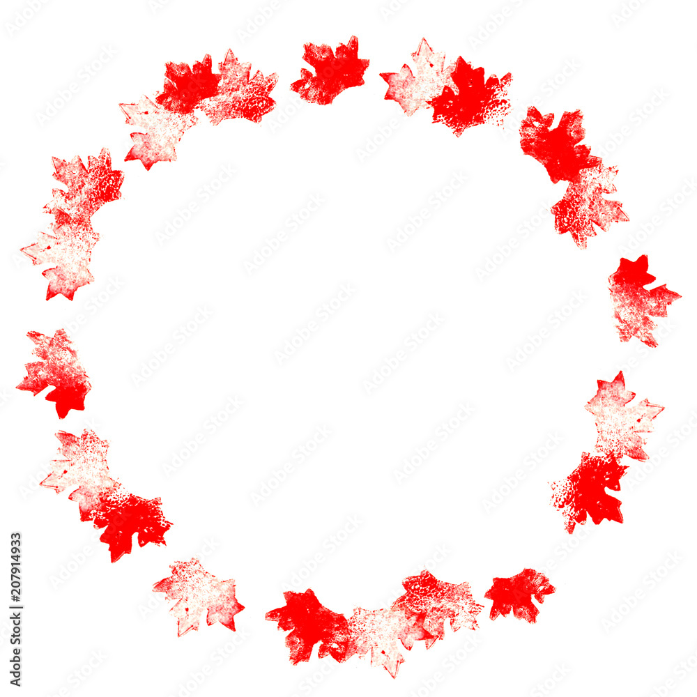 Graphic hand drawn printed red mapple leaves. Circle frame for prints, posters, web nad cards Graphic hand drawn printed red mapple leaves. Circle frame for prints, posters, web nad cards