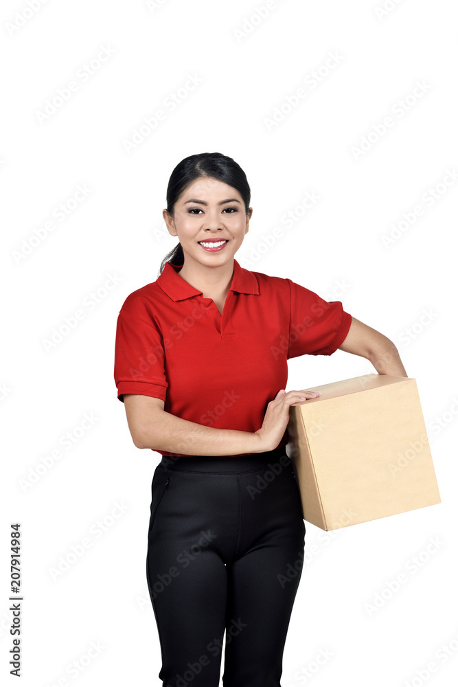 Beautiful asian delivery woman holding cardboard box Beautiful asian delivery woman holding cardboard box