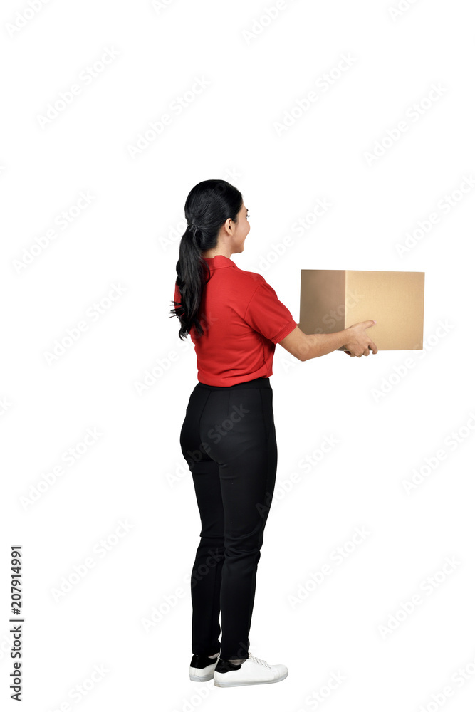 Young asian female courier deliver the package Young asian female courier deliver the package