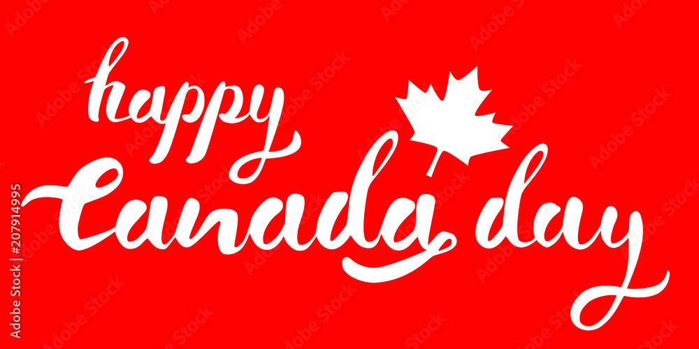 Happy Canada Day hand drawn white vector lettering on red background with mapple leaf