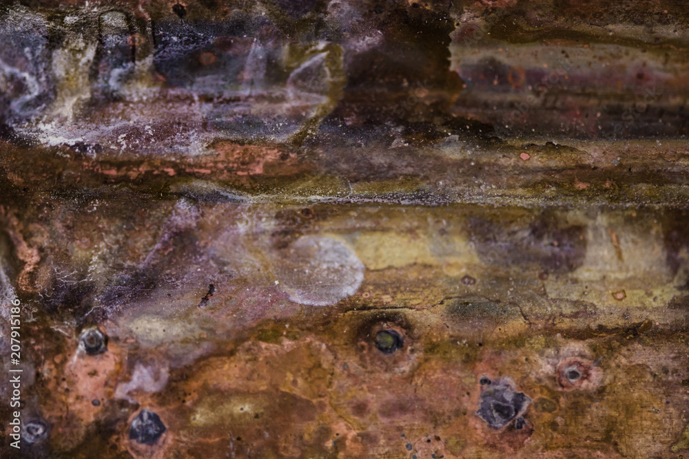 Strong corrosion of metal surface. Copper texture. Rust. Background. Template.