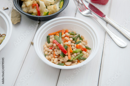 Cooked beans with vegetables. Vegetarian food.