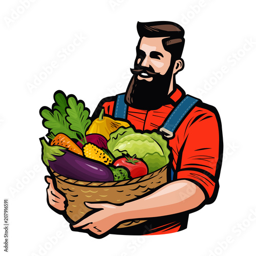 Farmer holding a basket full of vegetables. Agriculture, farming concept. Cartoon vector illustration