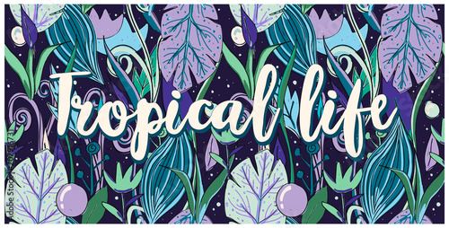 Seamless pattern tropical life, sea life, hand drawn leaves, flowers. Print colorful modern textile, jungle doodle theme, abstract sketch art. Violet and green pastel colors.