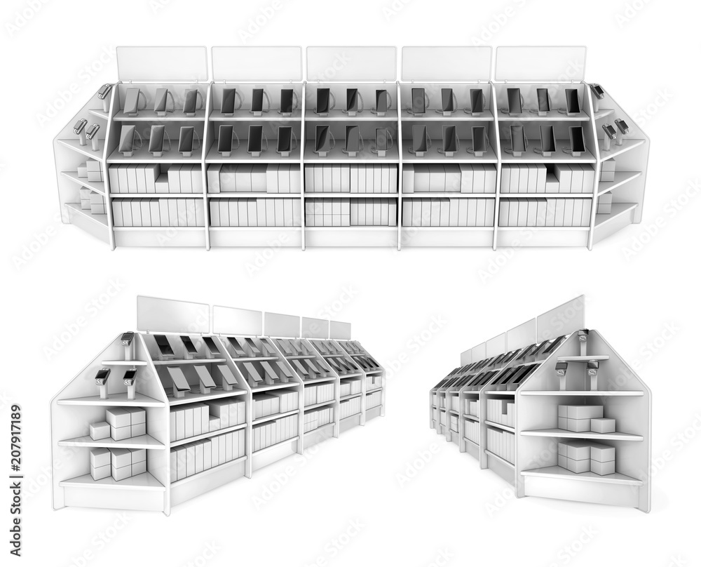 Shelves for electronics supermarkets with smartphones and smart watches. 3d illustrations set Shelves for electronics supermarkets with smartphones and smart watches. 3d illustrations set