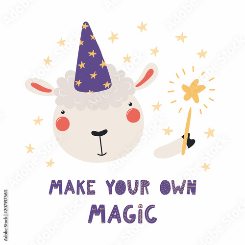 Hand drawn vector illustration of a cute funny sheep in a wizard hat, holding magic wand, with quote Make your own magic. Isolated objects. Scandinavian style flat design. Concept for children print